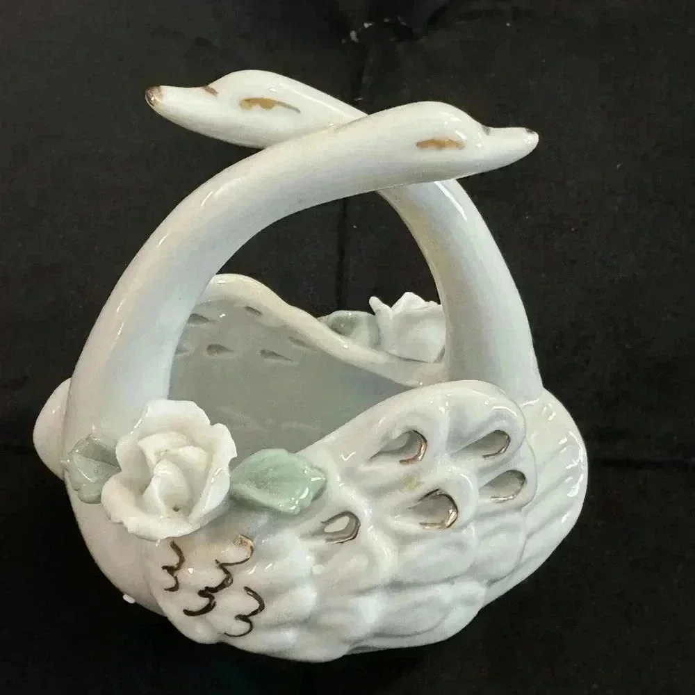 Vintage Swan Basket Cottagecore Ceramic Decor Grannycore Trinket 90’s Birds - Picture 4 of 11